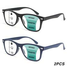2 件渐进多焦点老花镜，近视和远视两用，经典方形镜框，舒适弹簧铰链，男女通用