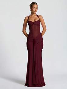 Sexy Spaghetti Strap Backless Waist Cinched High Slit Dress, Mesh Patchwork Vacation Party Dress