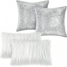 4 Pcs Sequin And Fluffy Pillow Covers Winter Throw Pillow Cases Soft Cushion Cover Couch Bed Sofa (18 X 18 Inch, Pink, White) - 白色,銀色 - 查看 8