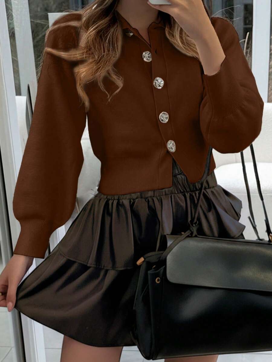 FOR BEAUTY Solid Color Minimalist Large Button Decor Round Neck Long Sleeve Knit Sweater Top For Women, Fashionable Elegant Casual Simple Versatile, Korean Street Style Daily Commute Pullover, Spring Apparel - Coffee - View 1