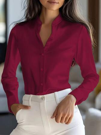 女士优雅缎面白色长袖衬衫 - 百搭通勤纯色纽扣上衣，经典领口，亲肤柔软丝滑缎面面料，不透明，可机洗和干洗，适合办公室、休闲和正式场合，高端风格，易于护理的面料，适合春季、夏季、秋季和冬季
