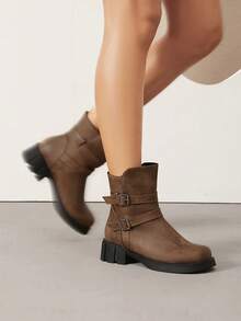 女士踝靴，欧美风，新款时尚百搭舒适真皮靴，防水，粗跟，休闲，保暖，轻便，柔软皮革，软底，踝靴，女士时尚靴 - 棕色 - 查看 6