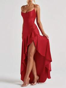 Vestido de fiesta rojo de verano con espalda descubierta, volantes y cuello cuadrado, elegante, adecuado para citas, vacaciones y playa - Rojo - Ver 4