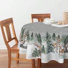 - Mantel de Navidad rectangular, 60x 84 pulgadas, ciervos, mueco de nieve, rboles, gris, lavable, para, picnic, cena, decoracin - 177.8 cm (Redondo) + Gris - Ver 3