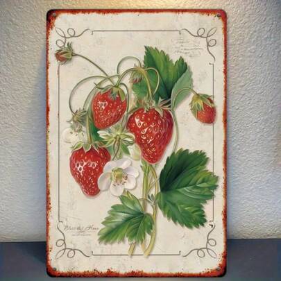 [Retro Appeal] Vintage Strawberry And Floral Metal Tin Sign - Rustic Wall Art For Kitchen, Pantry, Bedroom, Or Garden Decor, 8x12 Inches, Garden Decoration | Rustic Decor | Detailed Illustration, Kitchen Wall Decor, 2D, Perfect For Room Decor