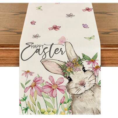 Daisy Rabbit Easter Table Runner, Seasonal Spring Kitchen Dining Table Decor For Home Party