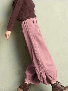 女士长裤，复古风格，灯芯绒纯色工装裤，适合日常穿着和办公场合，四季皆宜 - 粉色 - 查看 4