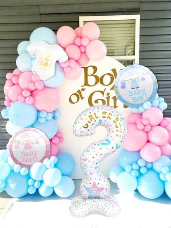 113pcs/Set Gender Reveal Wreath Kit, Includes 18" Pink & Blue Foil Balloons, Large Standing Question Mark Balloon, Shirt Balloons, Pink & Blue Latex Balloons, Suitable For Gender Reveal Parties, Baby Showers, Party Decorations, Pink & Blue Theme Decor, Photo Props, Birthday, Gender Reveal Home Party Atmosphere Photography Accessories