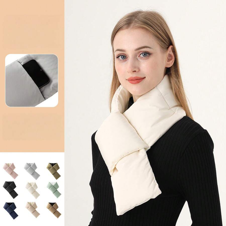Autumn Winter Warm Scarf For Women High-End Fashion Thickened Neck Warmer Solid Color Long European And American Style Down Scarf - Kaki hai nòng - Xem 1