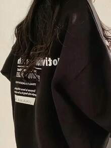 Women's Casual Loose Fit Cotton Sweatshirt With Japanese Letter Print, Versatile For Autumn/Winter - Black - View 2