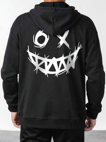 Chłopięca bluza z kapturem Tween Casual Black Printed Thermal Lined Hooded Pullover, jesień