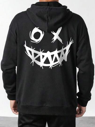 Tween Boys Casual Black Printed Thermal Lined Hooded Pullover Sweatshirt, Autumn