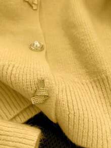 女士圆领泡泡袖开衫毛衣，新款秋冬长袖针织开衫，前排罗纹纽扣 - 芥末黃 - 查看 3