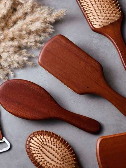 一套椭圆形和方形竹制发梳，促进头发生长 - 天然木质头皮按摩梳，竹制刷毛，男女通用，适合所有发质 - 符合人体工学的手柄