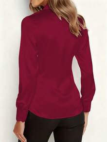 Women's Elegant Satin Burgundy Long Sleeve Blouse, Versatile Solid Color Top For Commuting, Classic Collar, Skin-Friendly Soft And Smooth Satin Fabric, Not See-Through, Machine Washable And Dry Cleanable, Suitable For Office, Casual And Formal Occasions, Suitable For Spring, Summer And Autumn - Burgundy - View 3