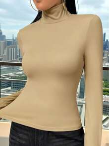 女士纯色高领修身长袖T恤，适合春/秋/冬休闲穿着 - 卡其色 - 查看 3