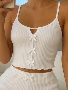 Women's Ribbed Pajamas With Bow – Cropped Baby Doll Shorts Set - trắng - Xem 2
