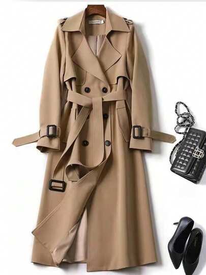 Trench-coat kaki pour femmes, à double boutonnage, avec col revers et ceinture. Veste longue, élégante pour le travail et les sorties, pour l'hiver