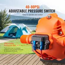 12V Diaphragm Pump, 1.8 GPM (6.81 L/Min), 3-Chamber 12 Volt DC Water Pump With Automatic Pressure Switch 40-100 PSI Adjustable, 60 PSI, 1/2'' MNPT Port, For RV Yacht Food Truck Camper Marine - 黑橙色 - 查看 3