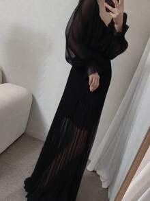 A-Line Pleated Skirt For Women, Elegant Midi Length - Black - View 3