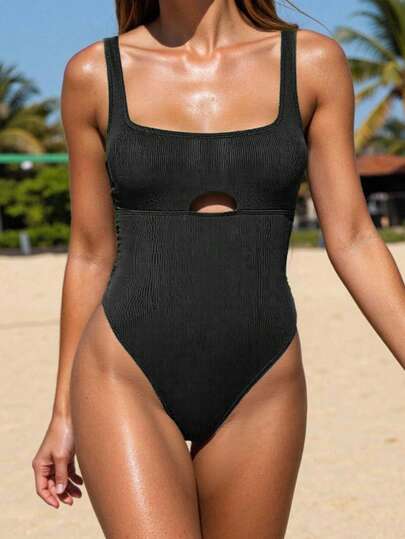 Swim Lushoire 夏季沙滩纯色方领镂空露背女式泳衣