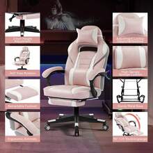 Silla Gaming, Silla de videojuegos con soporte lumbar con masaje y reposapiés, altura ajustable, silla ergonómica para ordenador de gran tamaño y altura con asiento giratorio y reposacabezas para oficina en casa, rosa - Rosa - Ver 4