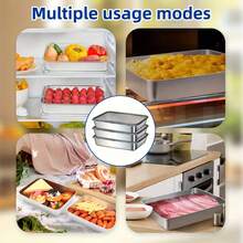 不锈钢食品储物盒套装，包含不锈钢饺子盘、带盖密封厨房储物盒、熟肉储物盒，是备餐和食品储存的理想之选，适用于家庭、办公室和餐饮场所。