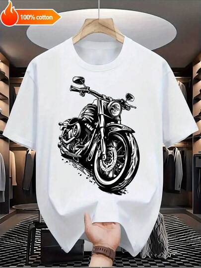Camiseta gráfica de motocicleta 100% algodón para hombres - Impresión de motociclista en blanco y negro, camiseta casual de manga corta con cuello redondo, diseño de motociclista, ajuste cómodo para todas las estaciones para entusiastas de las motocicletas, lavable a máquina, ajuste relajado para usar en capas o solo, ropa con temática de motocicleta elegante con impresión e icono de motociclista, tela suave y transpirable para la moda masculina.