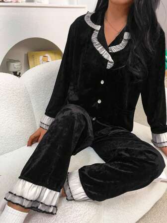 2 piezas Conjunto de ropa de dormir para mujer, incluye top de cuello en V sólido con adorno de encaje y pantalones de longitud completa sólidos, cómodo y adecuado para primavera, otoño e invierno