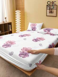 1pc Lavender Floral Paisley Pattern Fitted Sheet, Mattress Protector, Valentine's Heart Mattress Cover, Soft & Breathable, Fits Twin, Full, Queen, King Beds, Deep Pocket Design Up To 11.8 Inches, Wrinkle-Resistant, Improves Sleep Quality, Machine Washable - Mauve Purple - View 2