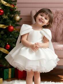 女婴可爱白色蝴蝶结吊带薄纱公主裙，适合生日派对、聚会、圣诞节、婚礼、花童等场合