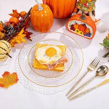 7/12/25/50个装透明塑料餐盘，厚实锤纹，金边装饰，包含10.25英寸餐盘和7.5英寸婚礼甜点盘。适用场合：日常用餐、婚礼、派对、生日派对、节日、迎婴派对、野餐、露营、周年纪念日。 - 透明金邊 - 查看 9