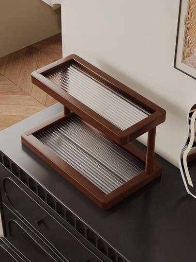 Two-Tier Bamboo Countertop Storage Rack - Easy To Assemble, With A Transparent Acrylic Base, An Elegant Storage Rack For Cosmetics, Perfumes, And Skincare Products, Suitable For Kitchen And Dining Room Storage, Can Hold Mugs And Water Cups - Natural Bamboo Surface, Space-Saving Home Decor And Countertop Storage Rack