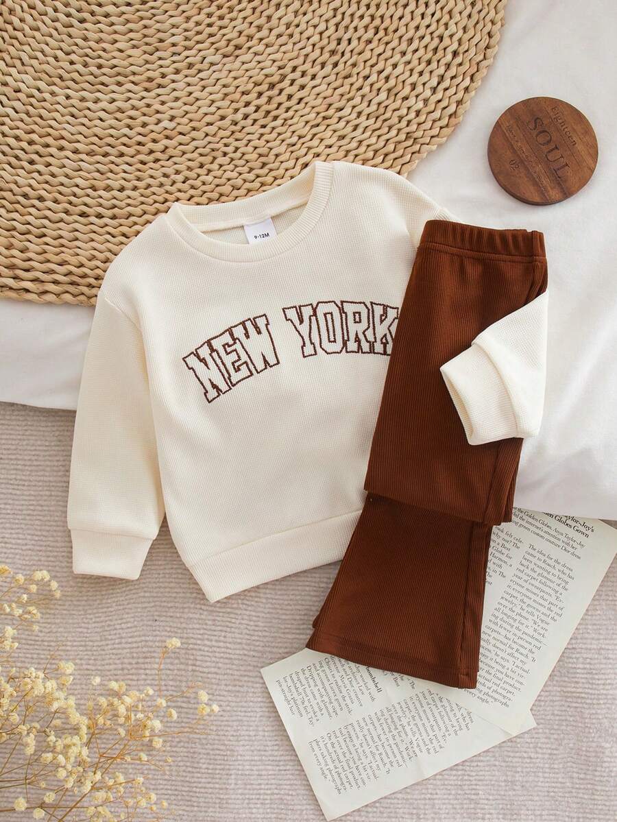 2件套秋冬女童刺绣字母圆领上衣+喇叭裤休闲套装