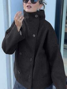 Chaqueta de mujer vintage de doble botonadura y cuello alto, abrigo de uso diario para mujer, ropa de abrigo de invierno y primavera - Gris Oscuro - Ver 6