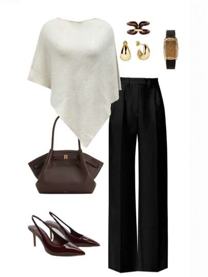 Minimalist Fashion Poncho Sweater, Solid Color Ribbed, Everyday Wear, Autumn/Winter