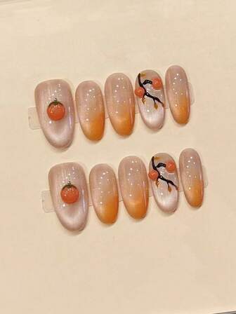 10pcs Mid-Length Oval Handmade Nail Art Stickers, Autumn/Winter Style, Maillard Hand-Painted New Chinese Style, High-End Cat-Eye Handmade Nail Art Stickers, Icy Gradient Orange Cat-Eye Nail Art, Paired With Hand-Sculpted Cute Persimmons, Cute And Sweet Caramel Persimmon False Nails
