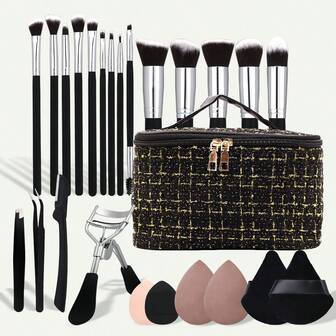 25pcs Makeup Brush Set With Makeup Bag, Including Foundation, Concealer, Blush, Eyeshadow 14pcs Makeup Brushes And 2pcs Triangle Powder Puffs, 2pcs Makeup Sponges, 2pcs Finger Puffs, Makeup Bag, Eyelash Curler, Eyebrow Razor, Tweezers, Professional Makeup Brush Kit For Women, Travel-Friendly Set, High-Quality Brushes, Soft Sponges, Salon Professional,Brush Set,Makeup Brush Kit,Make Up Brush Set,Make Up Set Complete,Makeup Brush Set,Complete Makeup Kit,Brush Kit,Brushes Makeup Set,Makeup Gift Set