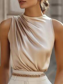 Women's Elegant Shoulder Exposed Ruffle Trim Sleeveless Fitted Formal Blouse, Champagne Color, Suitable For Commuting, Spring/Summer - Champagne - View 5