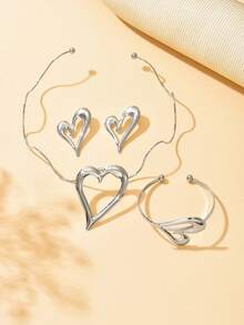 一套四件时尚简约波浪纹项链、镂空心形吊坠耳环和手链首饰套装。夸张独特的镂空金属大心形耳环、手链和项链套装，适合女性日常、度假和派对佩戴（光滑表面可能偶尔有划痕或瑕疵，敬请谅解）。 - 銀色 - 查看 4