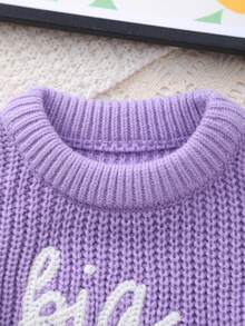 Girls Knitted Sweater With Delicate "Big Sister" Embroidery And White Floral Pattern, Soft And Warm - Purple - View 3