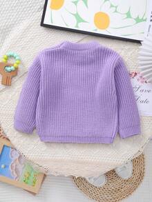 Girls Knitted Sweater With Delicate "Big Sister" Embroidery And White Floral Pattern, Soft And Warm - Purple - View 9
