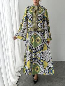 1 chiếc đầm nữ, in hoa toàn thân, tay áo hình lá sen lớn, khóa kéo sau, đầm dài màu vàng kiểu dáng thường ngày, đầm Ả Rập thanh lịch dành cho nữ, đầm dạ hội sang trọng cho các lễ hội và kỳ nghỉ, trang phục Ả Rập, áo choàng dài mùa thu đông cho nữ dịp Eid - Màu vàng - Xem 9