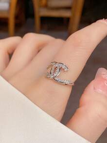 1pc Minimalist Rhinestone Letter Open Ring, Luxury Sparkly Unique Design Finger Ring - Fully Diamond Letter  Ring - View 2