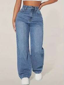 Women's Non-Stretch Mid-Rise Loose Straight Denim Jeans For Women - Cuffed Ankle Casual Oversized | Structured Fabric - Rửa trung bình - Xem 1