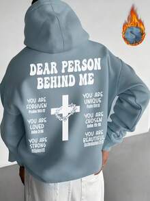 男士休闲街头连帽衫，饰有十字架元素和英文标语印花，秋冬款 - 淺藍色 - 查看 3