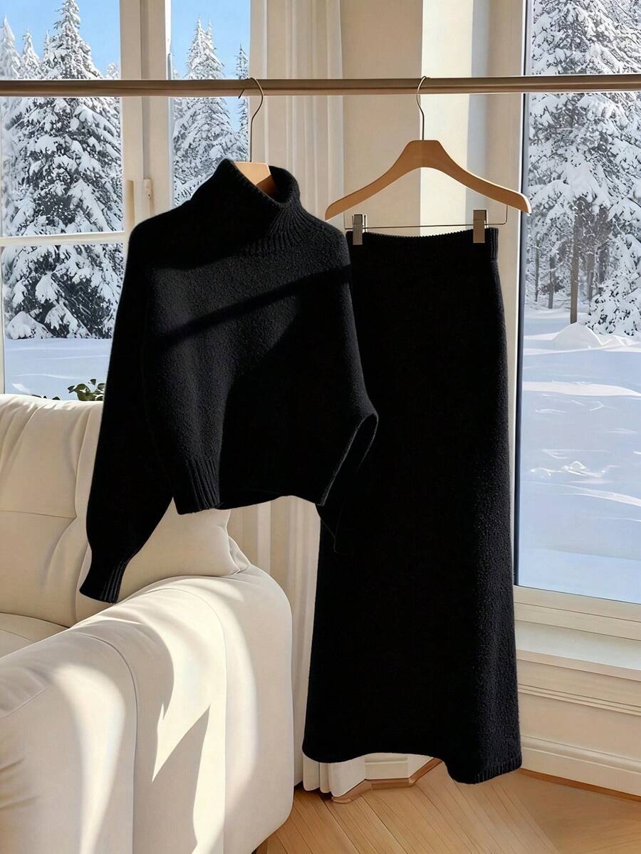 女士休闲针织毛衣长裙套装，高领套头毛衣搭配纯色长裙，秋冬黑色 - 黑色 - 查看 1