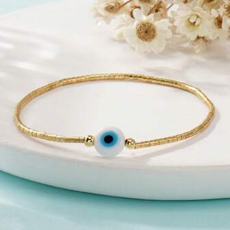 1 pieza Pulsera de cuentas de cobre bohemio, pulsera de ojo del diablo, pulsera de cuentas de arroz, pulsera de cuentas de arroz de colores, pulsera de cuentas doradas, pulsera elástica de cuentas de arroz, pulsera de la suerte, pulsera apilable, pulsera de pareja, regalo para amigos, regalo de cumpleaños, regalo para hermanas, regalo familiar, regalo del Día de San Valentín, regalo de Navidad, regalo de aniversario