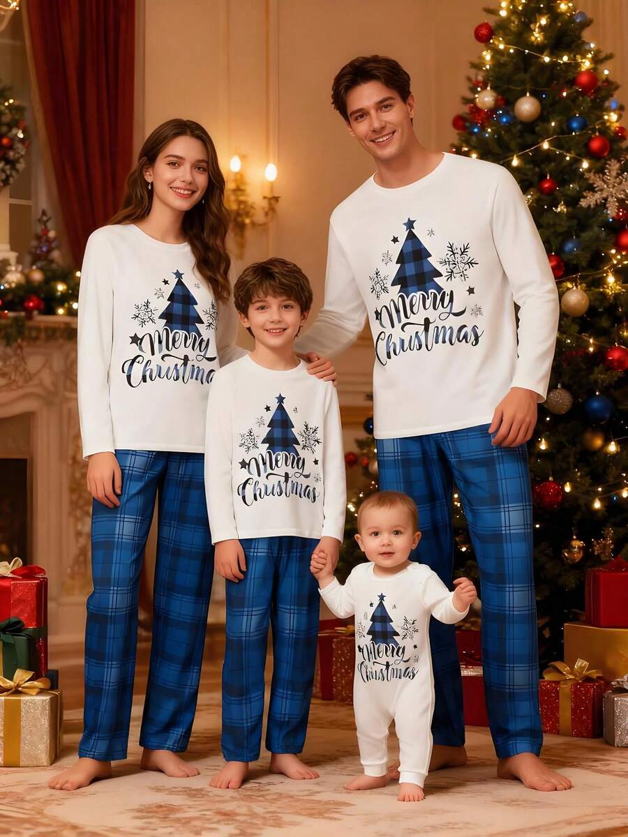 Christmas Pajamas For Women Men Kids Baby Matching Christmas Pajamas For Family Christmas Tree T Shirt Tees Tops Plaid Pants Sleepwear Nightwear Xmas Pjs Set - Xanh và trắng - Xem 1
