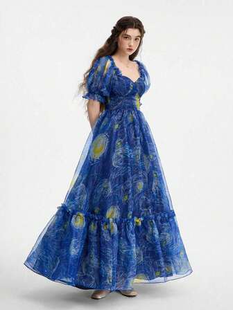 Roviva Elegant Sheer Starry Sky Pattern Shirred Ruffle Hem Waist Cinched A-Line Long Dress, Suitable For Birthday Party, Date, Autumn/Winter, Suitable For Christmas, Thanksgiving, Valentine's Day, Music Festival, New Year, Gala, Date, Birthday Party, Tea Party, Brunch, Elegant Party